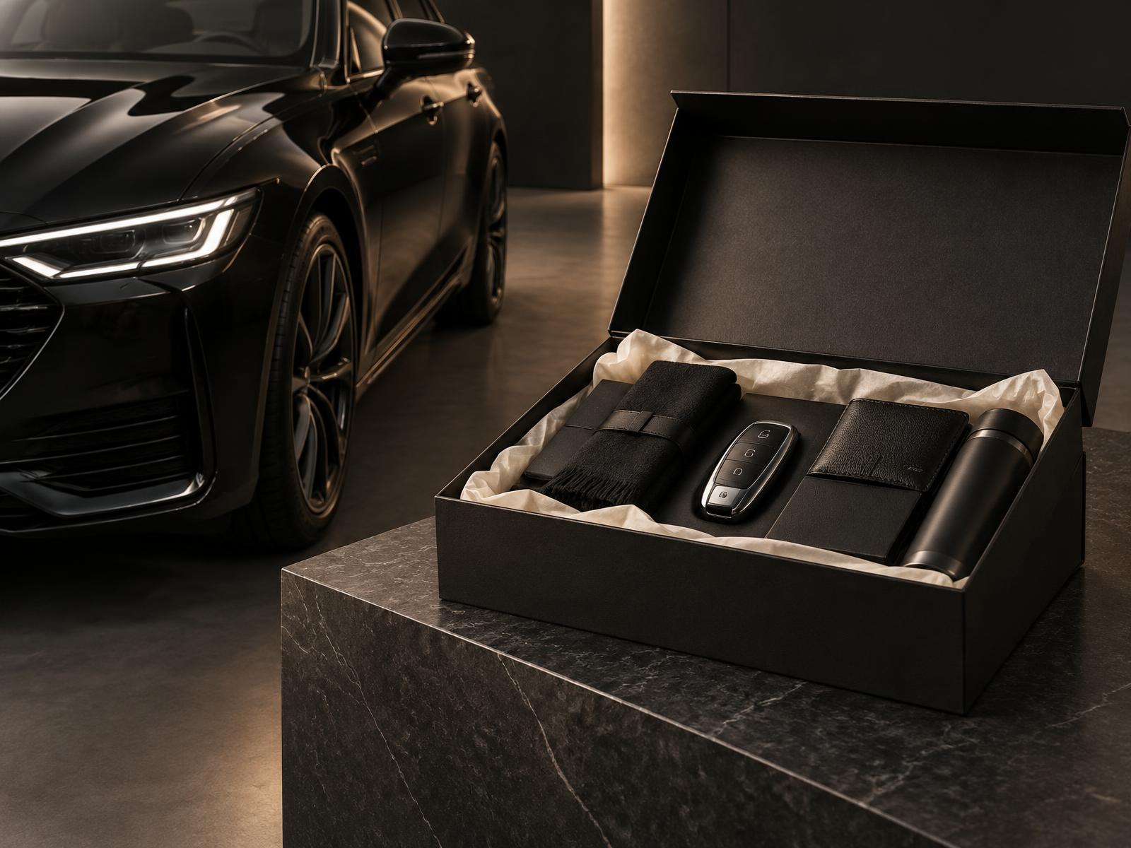 Premium welcome box presented beside a new vehicle